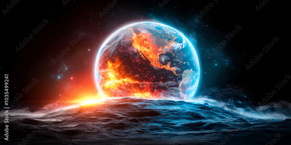 stunning depiction of fiery Earth emerging from cosmic ocean, showcasing vibrant colors and dramatic atmosphere. scene evokes sense of wonder and awe