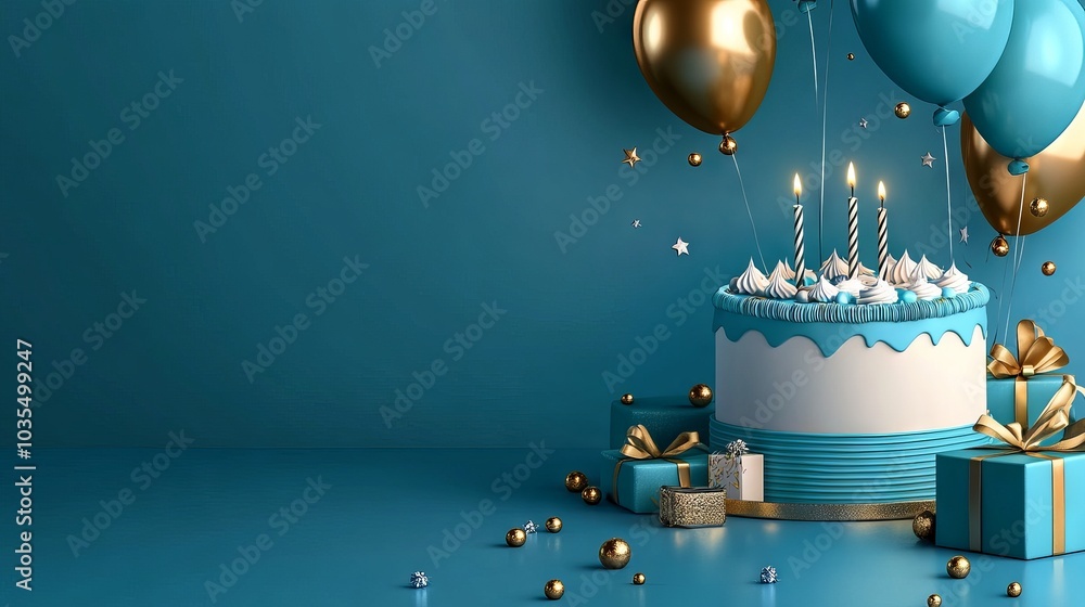 Blue and golden happy birthday cake invitation card banner background with balloons, candle, and gift box - perfect for celebrations, party invitations, and festive event designs