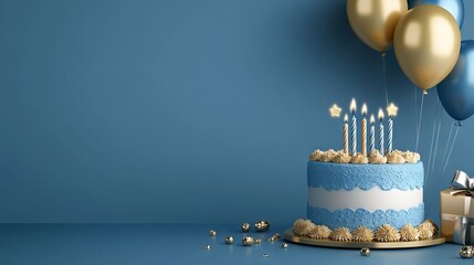 Blue and golden happy birthday cake invitation card banner background with balloons, candle, and gift box - perfect for celebrations, party invitations, and festive event designs