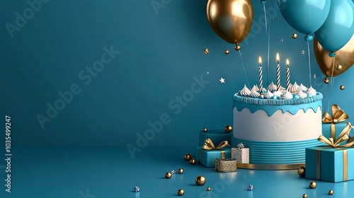 Obraz na płótnie Blue and golden happy birthday cake invitation card banner background with balloons, candle, and gift box - perfect for celebrations, party invitations, and festive event designs w salonie