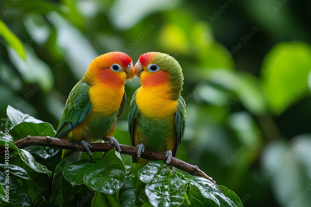Colorful lovebirds perched on a branch in a lush tropical setting Colorful lovebirds perched on a branch in a lush tropical setting