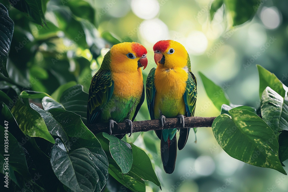 Obraz premium Colorful tropical parrots perched on a branch in a lush forest