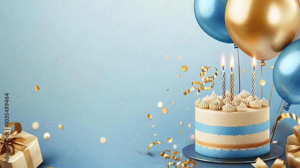 Blue and golden happy birthday cake invitation card banner background with balloons, candle, and gift box - perfect for celebrations, party invitations, and festive event designs Blue and golden happy birthday cake invitation card banner background with balloons, candle, and gift box - perfect for celebrations, party invitations, and festive event designs