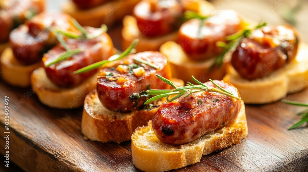 Canapés on the table with choriso wurst Canapés on the table with choriso wurst