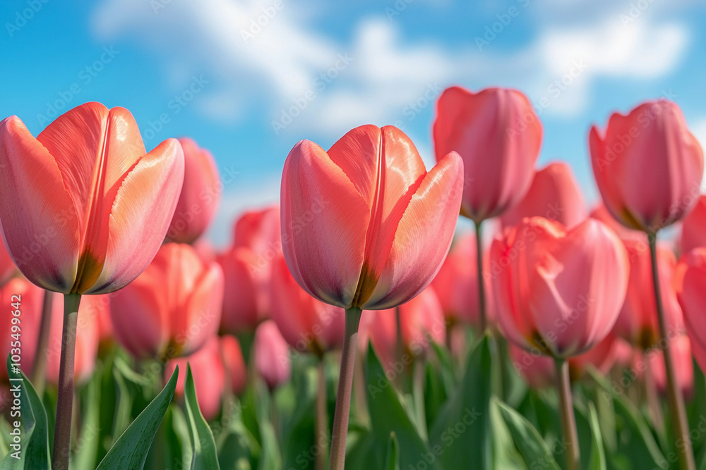 Vibrant pink tulips blooming in a sunny field during springtime Vibrant pink tulips blooming in a sunny field during springtime