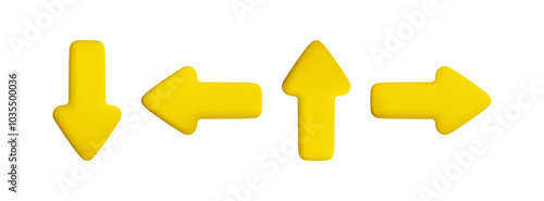 Vector cartoon 3d yellow arrows set. Cute realistic up, down, left and right arrow icon isolated on white background. 3d render direction pointer, plastic click cursor button, for infographic, app.