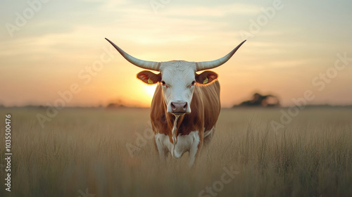 Texas longhorn cattle grazing in an open field at sunset