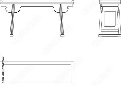 Vector sketch illustration of the silhouette of a long dining table design with classic vintage ethnic traditional decoration