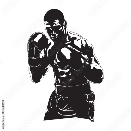 The Boxer's Stance: A powerful silhouette of a determined boxer in fighting stance, ready for the challenge, showcasing strength and resilience.