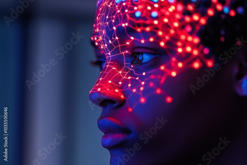 A user engages with a brain-computer interface that projects vibrant neural network patterns onto their face, showcasing technological innovation and human interaction. Generative AI