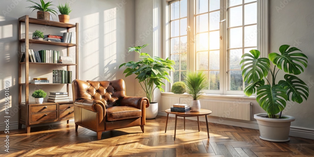 Fototapeta premium A sunny living room with a large window, a leather armchair, a wooden bookshelf, and a potted plant