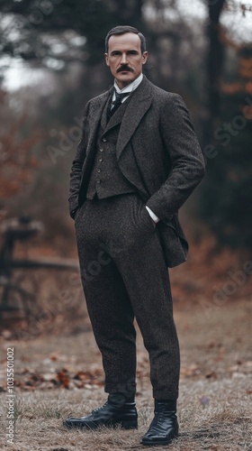 A 19th century British man wearing a Suit standing, tall, Slim fit man, sharp looking, face looking into the camera