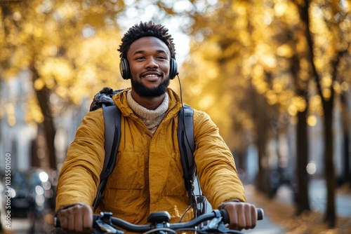 Man going to office on a bicycle listening to music, Generative AI photo