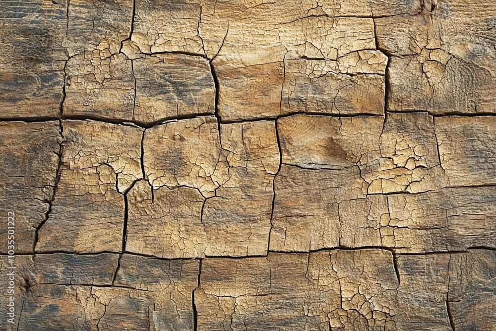 Textured wood surface showing cracks and natural patterns in detail Textured wood surface showing cracks and natural patterns in detail