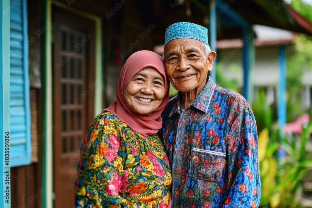 Naklejka premium senior couple in traditional clothing smiling proudly in front of their home, celebrating cultural heritage and lifelong companionship