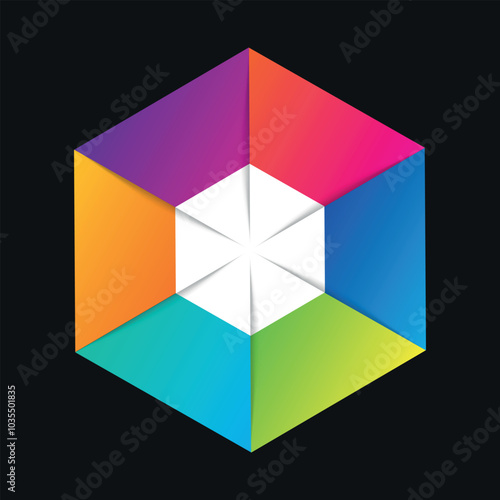 Colorful geometric design featuring a hexagonal pattern and vibrant hues on a dark background