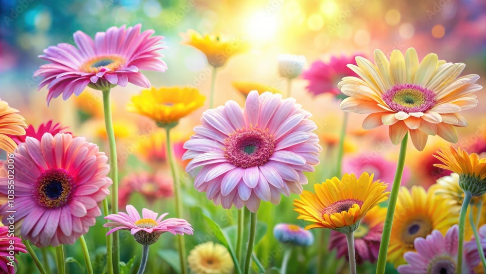 A vibrant field of blooming gerbera daisies in a myriad of colors, bathed in warm, golden sunlight, creating a beautiful and cheerful scene. A vibrant field of blooming gerbera daisies in a myriad of colors, bathed in warm, golden sunlight, creating a beautiful and cheerful scene.