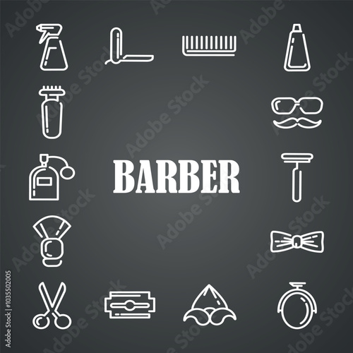 White contour barber icons.  Vector on a black background