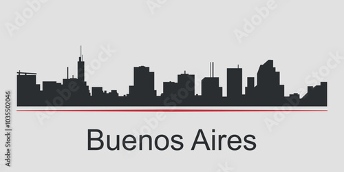 Black silhouette of city skyline in Buenos Aires, Argentina, emphasized by red line with text. Vector on a gray background