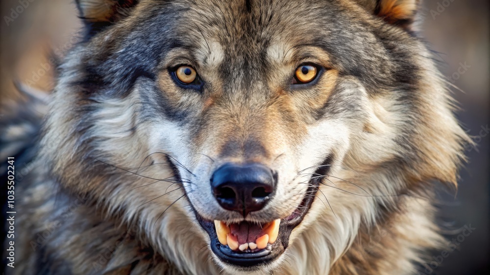 A close-up portrait of a wolf with piercing yellow eyes and a toothy grin, showcasing the intricate details of its fur and the wild beauty of nature. A close-up portrait of a wolf with piercing yellow eyes and a toothy grin, showcasing the intricate details of its fur and the wild beauty of nature.
