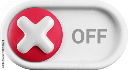 Vector cartoon 3d turn off switch button. Minimal realistic 3d white NO toggle switch slider with red cross icon. Setting toggle design element, off tumbler for mobile app interface, web.