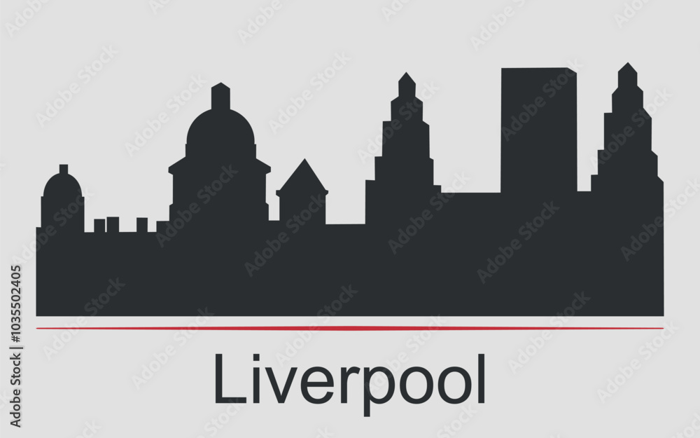 Fototapeta premium Black silhouette of the city skyline in Liverpool, England is emphasized by red line with text. Vector on a gray background