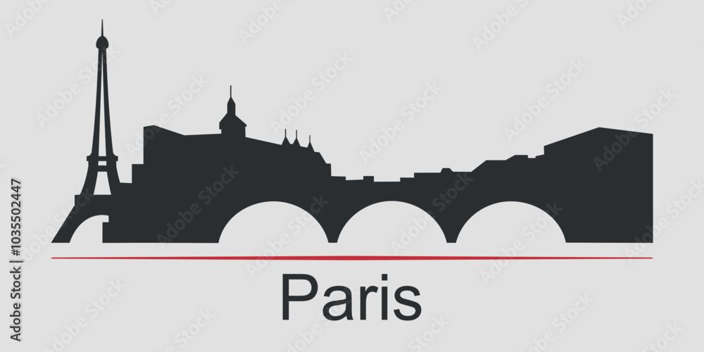 Obraz premium Black silhouette of Paris city skyline, France, emphasized by red line with text. Vector on a gray background
