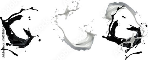 Dynamic black and white paint splash vectors in mid-air collision. Abstract liquid motion with high contrast, ideal for design elements, packaging, advertising, or modern art projects. Vector