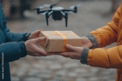 Two hands are engaged in a close-up exchange of a wrapped package while a drone hovers above, showcasing modern last-mile delivery practices on a cool day. Generative AI