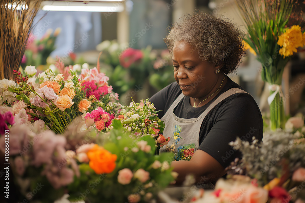 African American woman designing floral arrangements in a floral shop, People photography, Entrepreneur doing her business African American woman designing floral arrangements in a floral shop, People photography, Entrepreneur doing her business
