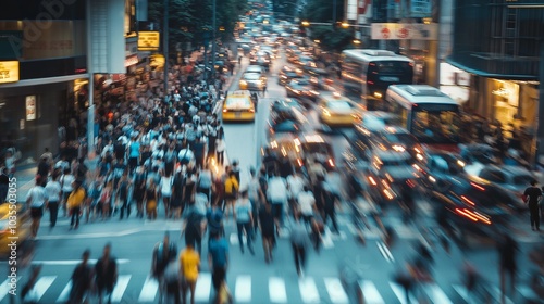 A bustling urban environment filled with crowds of people hurrying across the street, while vehicles navigate through the rush hour chaos, showcasing the vibrant energy of city life. Generative AI