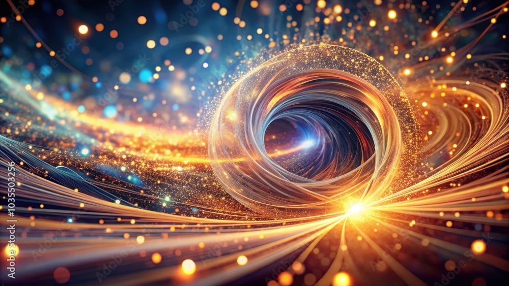 Naklejka premium A luminous vortex of light and energy, surrounded by a field of shimmering dust particles, creating an ethereal and captivating cosmic dance.
