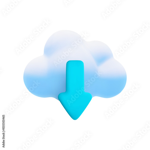 Vector cartoon 3d cloud computing icon. Realistic render of cloud and blue download or upload arrow. Data storage concept, digital cloud technology online service sign, server connection symbol.