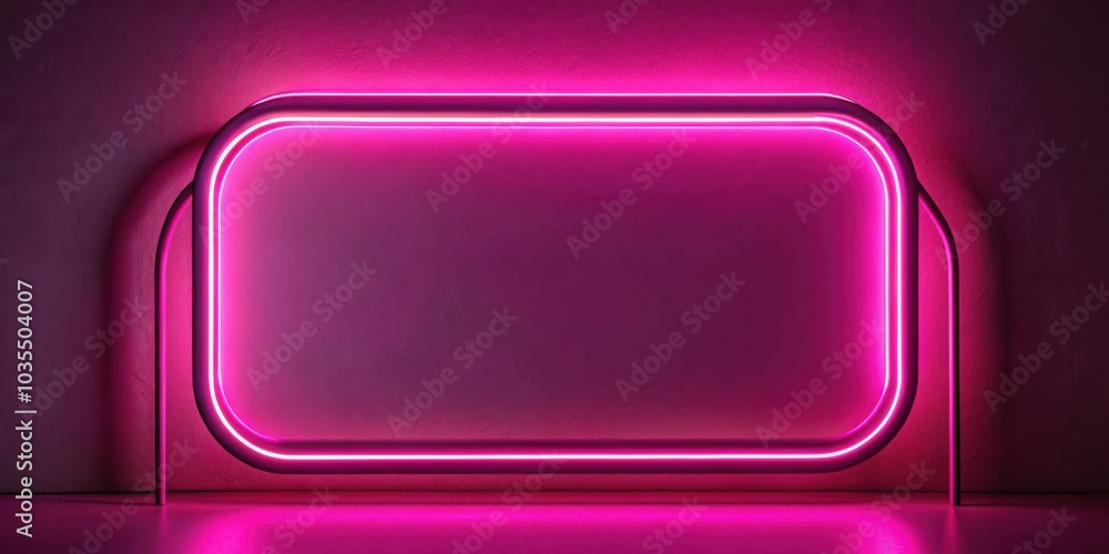 A glowing pink neon light frame on a textured wall. The light casts a reflection on the floor. A glowing pink neon light frame on a textured wall. The light casts a reflection on the floor.