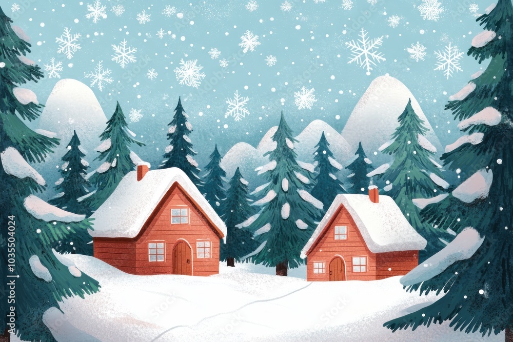 Two Cozy Red Cabins in a Snowy Forest Two Cozy Red Cabins in a Snowy Forest