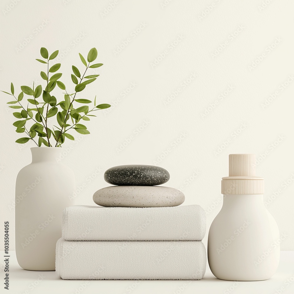 A serene arrangement of neutral decor featuring vases, stones, and soft towels, evoking tranquility and minimalism. A serene arrangement of neutral decor featuring vases, stones, and soft towels, evoking tranquility and minimalism.