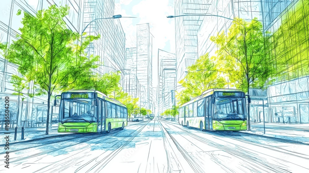 Obraz premium A vibrant urban sketch showcasing buses surrounded by greenery in a modern city setting.