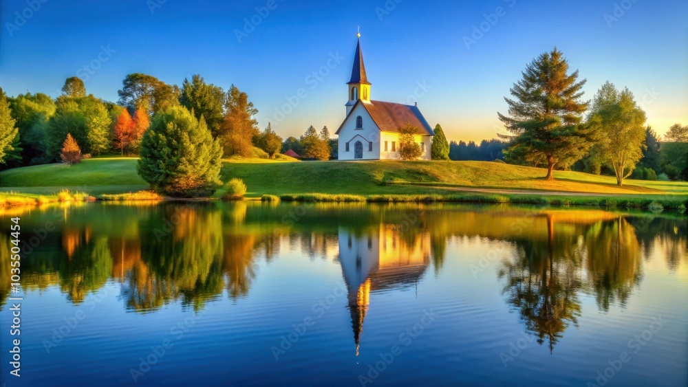 Serene Reflection of a White Chapel on a Calm Lake Surrounded by Lush Green Foliage and a Vibrant Blue Sky Serene Reflection of a White Chapel on a Calm Lake Surrounded by Lush Green Foliage and a Vibrant Blue Sky