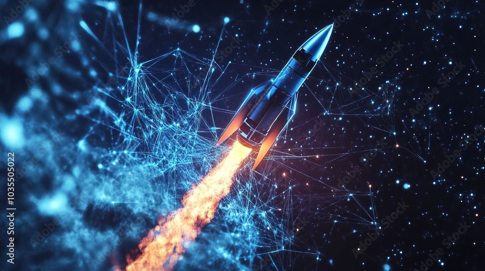 Fototapeta premium Futuristic Rocket Launch with Digital Network Connections