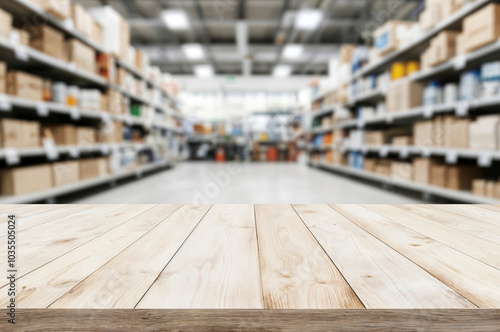 Empty wooden table in a supermarket, perfect for product display with warm tones contrasting the clean store interior