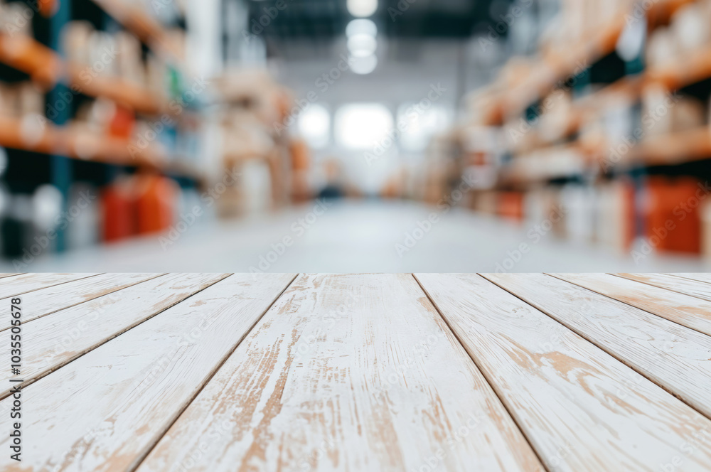 Empty white wooden table surface on blurred warehouse background providing montage display for product Empty white wooden table surface on blurred warehouse background providing montage display for product
