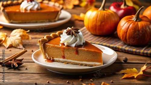 Pumpkin Pie Slice with Whipped Cream and Caramel Topping for Thanksgiving Celebrations