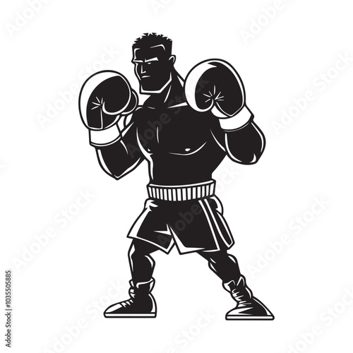 The Boxer's Stance: A powerful silhouette of a determined boxer in fighting stance, ready for the challenge, showcasing strength and resilience.