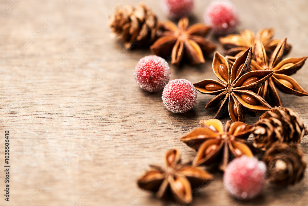 Christmas decoration on rustic wooden background. Close up. Christmas decoration on rustic wooden background. Close up.