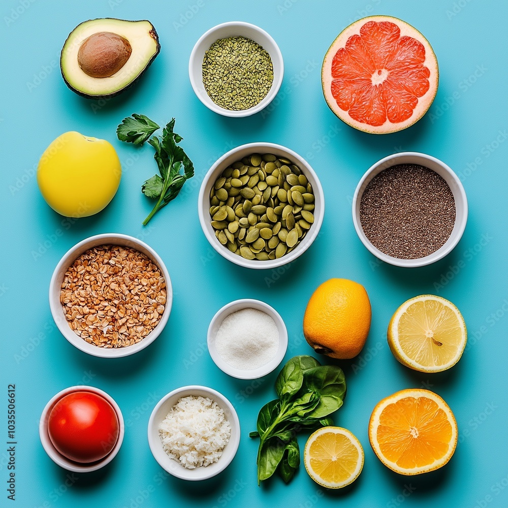 A vibrant collection of healthy meal prep ingredients arranged on a bright blue surface, showcasing avocados, fruits, seeds, and herbs, ideal for nutritious cooking. Generative AI A vibrant collection of healthy meal prep ingredients arranged on a bright blue surface, showcasing avocados, fruits, seeds, and herbs, ideal for nutritious cooking. Generative AI