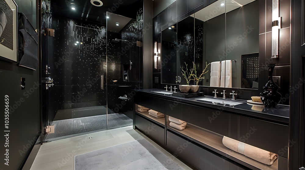Compact bathroom with modern fixtures and sleek black finishes Compact bathroom with modern fixtures and sleek black finishes