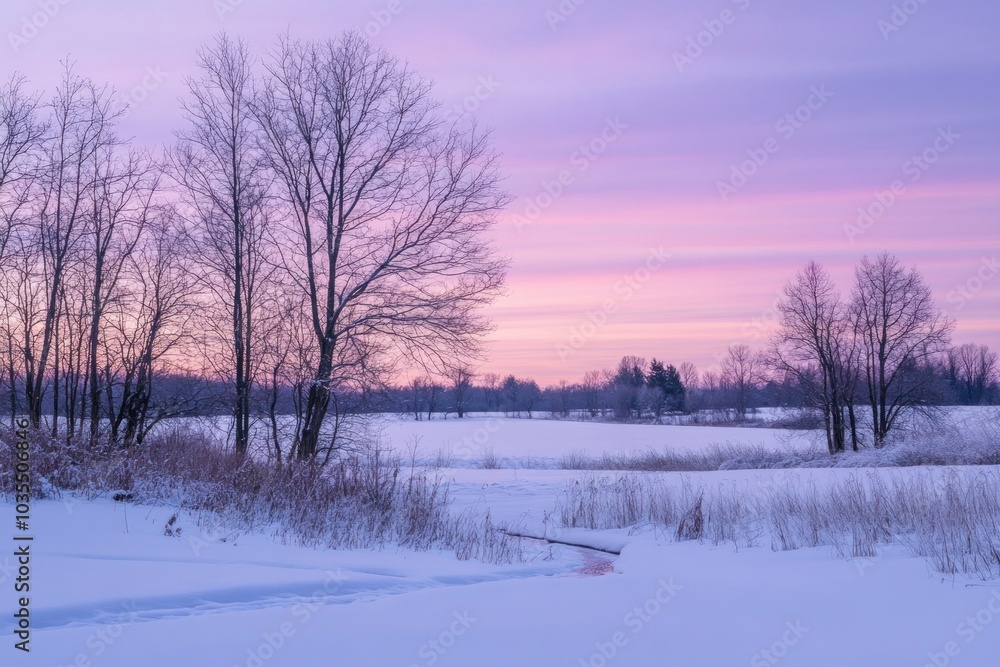 A Stream Winding Through a Snowy Forest at Dawn A Stream Winding Through a Snowy Forest at Dawn