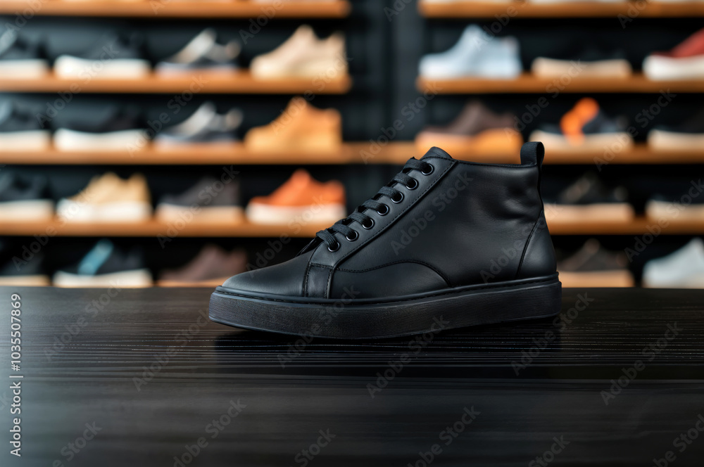 Black leather sneaker shoe is displayed on a table in a shoe store, surrounded by other footwear in shelves Black leather sneaker shoe is displayed on a table in a shoe store, surrounded by other footwear in shelves
