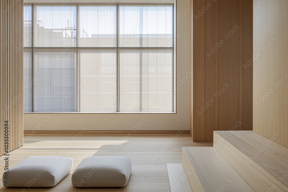 Fototapeta premium Minimalist interior design with two cushions by large windows in a serene setting