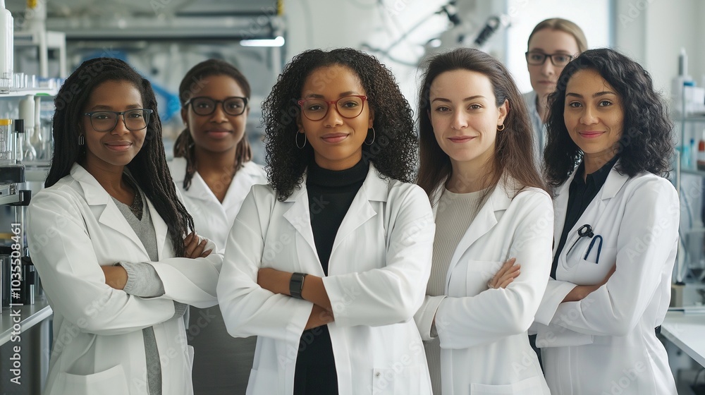 A group of diverse female STEM professionals stands confidently in a modern laboratory, showcasing collaboration and dedication to scientific research and innovation. Generative AI A group of diverse female STEM professionals stands confidently in a modern laboratory, showcasing collaboration and dedication to scientific research and innovation. Generative AI